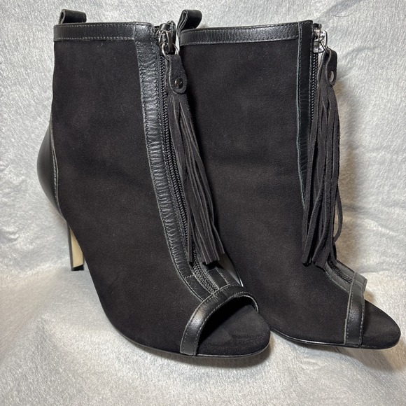Saks Fifth Ave Emile Black Leather Stiletto Ankle Boot Tassel Zip Peep Toe Wom 6